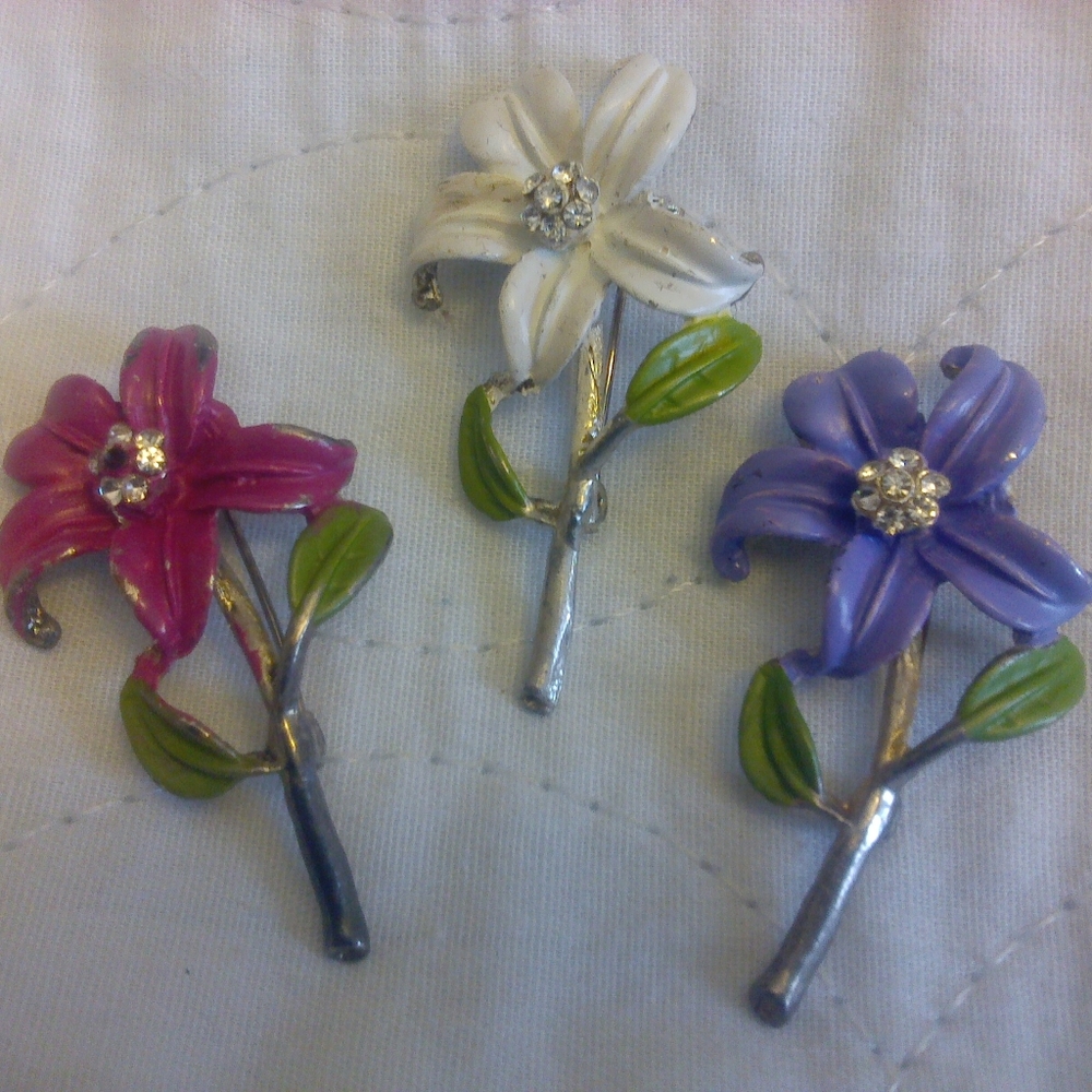 Set of 3 Enamel Flower Brooches